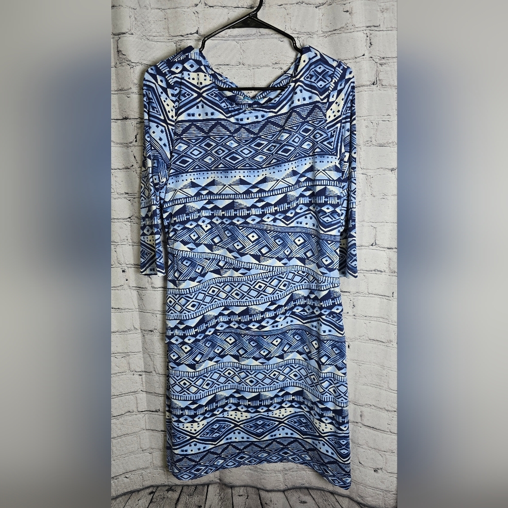 J. McLaughlin 3/4 Sleeve Blue Geometric‎ Patterned Dress Size XL